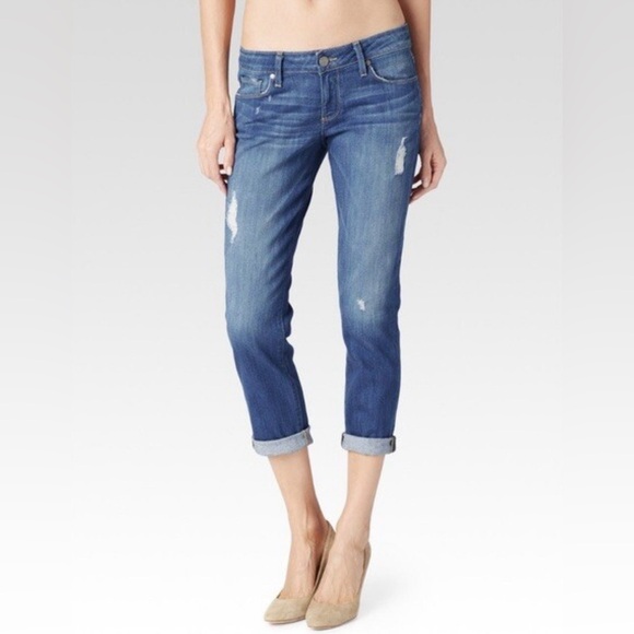 PAIGE Denim - Paige Jimmy Jimmy Distressed Medium Blue Crop Stretch Denim Jeans - Size 28